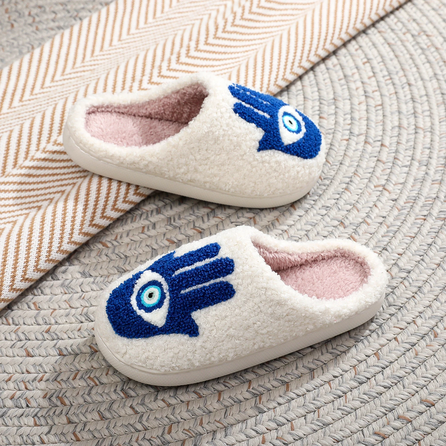 Color: Blue, Shoe Size: 36 - Winter Funny Palm Fur Slippers Home Home Wear-Resistant Non-Slip Plus Velvet Thick Bottom Cotton Slippers
