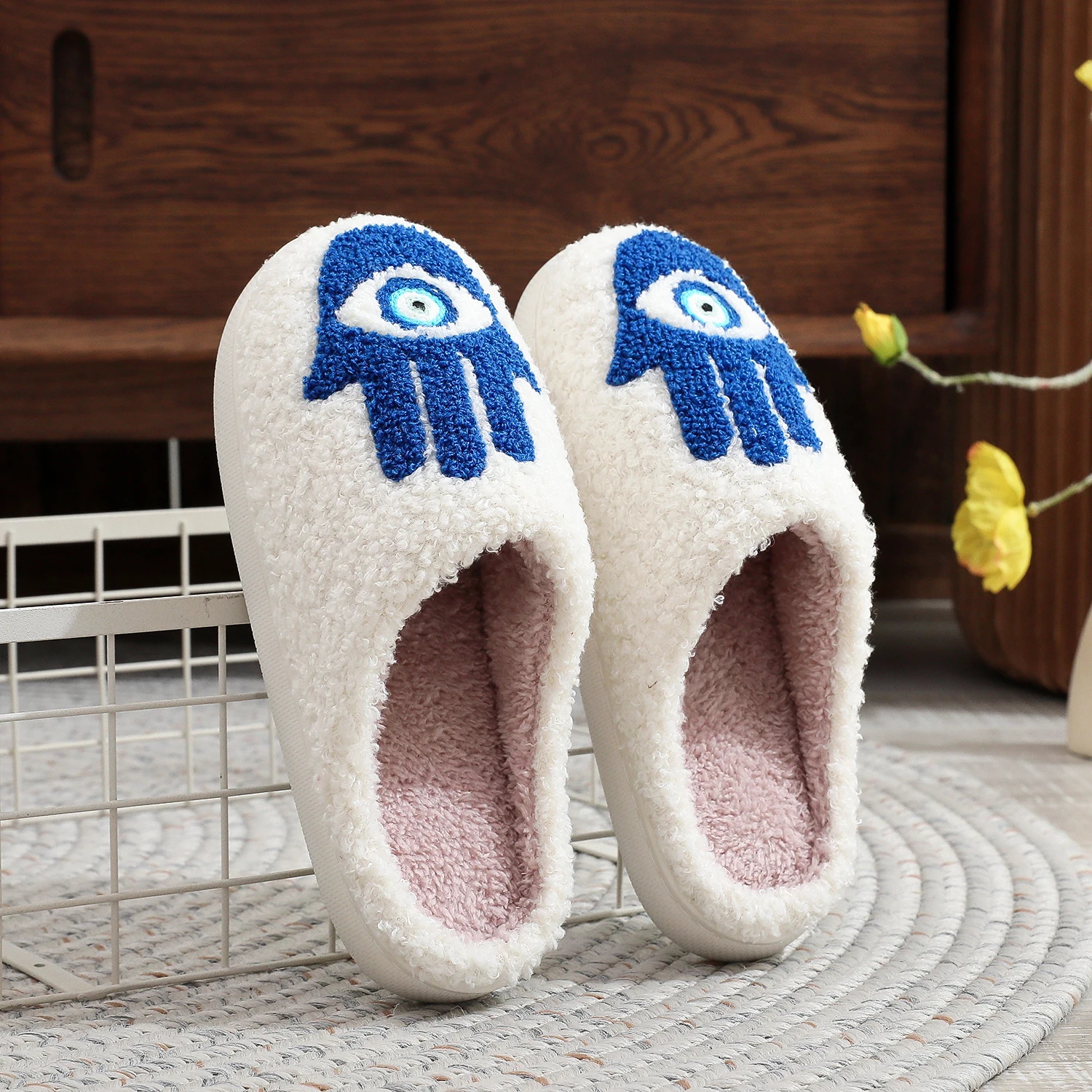 Color: Blue, Shoe Size: 36 - Winter Funny Palm Fur Slippers Home Home Wear-Resistant Non-Slip Plus Velvet Thick Bottom Cotton Slippers
