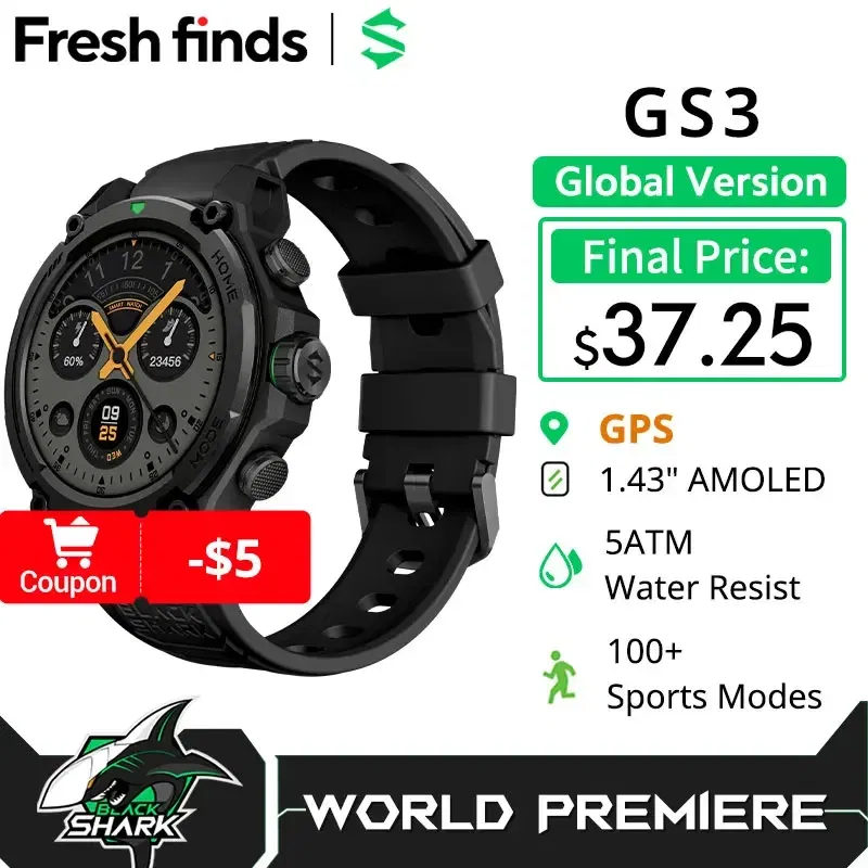 Color: Silver, Ships From: CHINA - [World Premiere]Blackshark GS3 Smart Watch Global Version 1.43"AMOLED Display GPS Satellite Positioning 21 Day Battery Life 5ATM