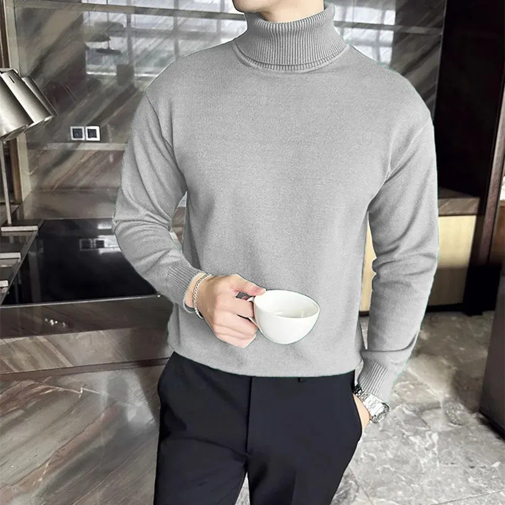 Color: GRAY, Size: XXXL - Korean Fashion Autumn Winter Sweaters Men Pullovers Fleece Turtleneck Knitted Sweatshirt Warm Bottoming Shirts