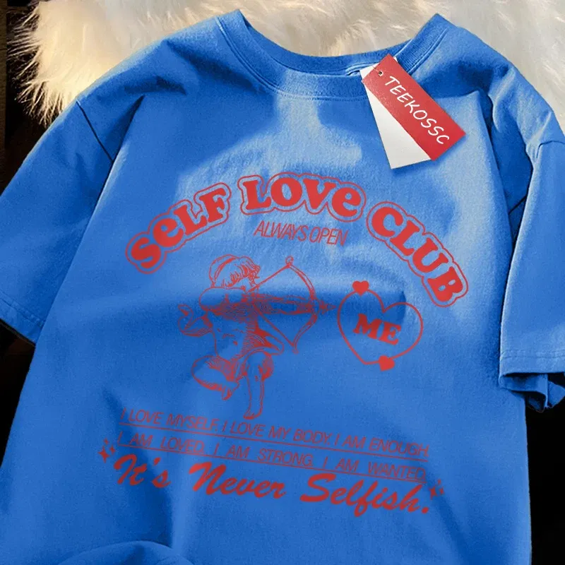 Color: army green, Size: L - Self Love Club Fun Cupid Men Women T Shirts Breathable Street Tee Clothes Cotton Summer Fashion Loose Casual Oversized T Shirt