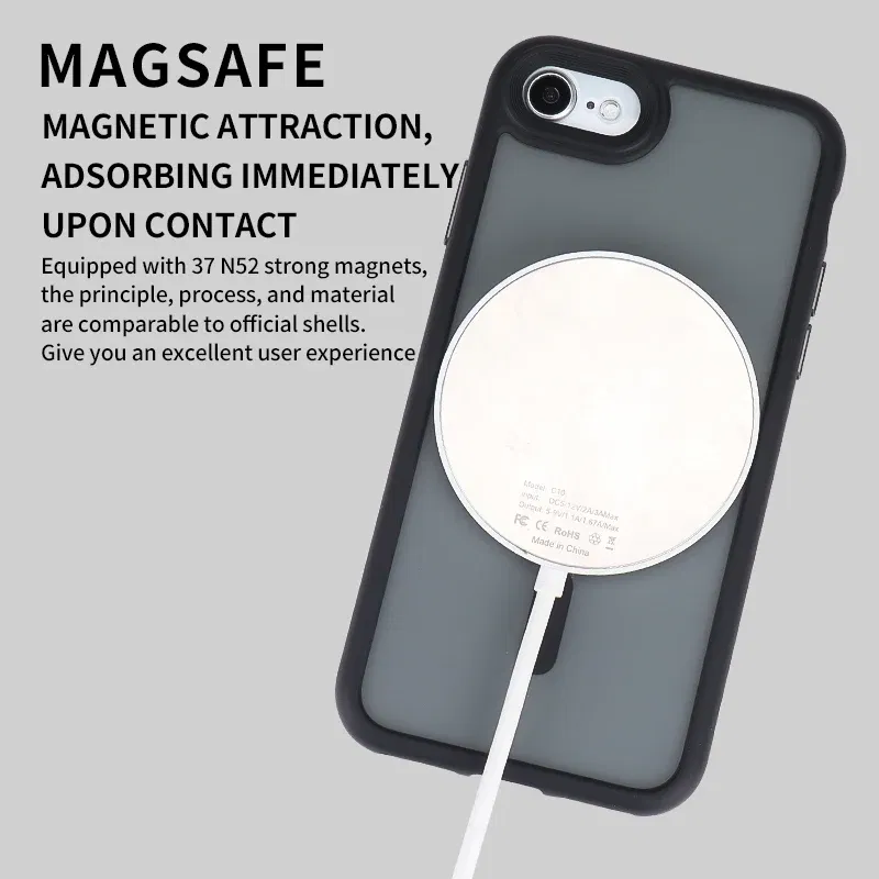 Color: black, Material: aluminum - Magnetic Luxury Matte Translucent Armor Shockproof Case For iPhone 7 8 SE2 SE3 7Plus 8Plus For Magsafe Wireless Charge Cover