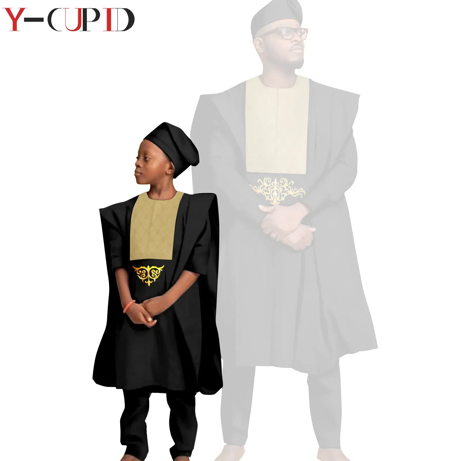Color: Yellow, Size: Mother 5XL - African Clothes for Men Top Pants Robes Hat Sets Match Kid Boy Sets Dashiki Father and Son Bazin Riche Family Outfits Y20F001