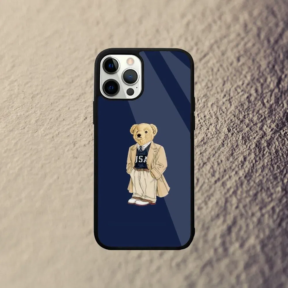 Color: SKY BLUE, Material: Genuine Leather - Baron F-Filou Bear Fashion Phone Case For iPhone 15,14,13,12,11,Plus,Pro,Max Mini Magsafe Magnetic Wireless Charging