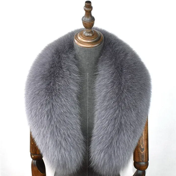 Color: GRAY, Size: S - 100% Natural Real Fox Fur Collar For Women Men Coat Jacket Fur Scarf Winter Extra Large Size Neck Warmer Fur Scarf Shawls Wraps