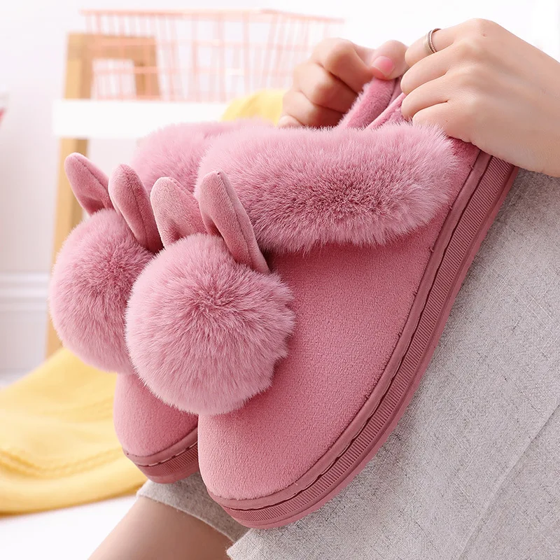 Color: GRAY, Shoe Size: 34 - Women Home Slippers Indoor Bedroom Light Couple Slipper Solid Soft Flip Flops Winter Warm Furry Plush Shoes