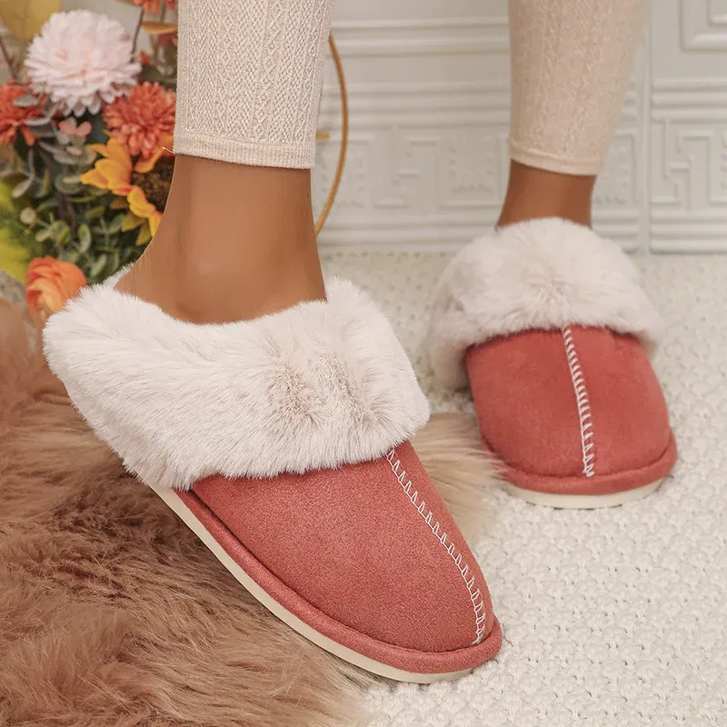 Color: Red, Shoe Size: 38 - Closed Toe Warm Cotton Slippers Women Faux Fur Thicken Plush Winter Home Shoes Woman Lightweight Casual Indoor Slides Female