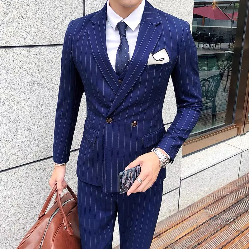 Color: Brown, Size: M - Gray Men Classic Striped/Checked Suits, Business Office 3 Piece, Asian Size Slim Fit Men Dress Jacket & Pants with Vest, S-4XL
