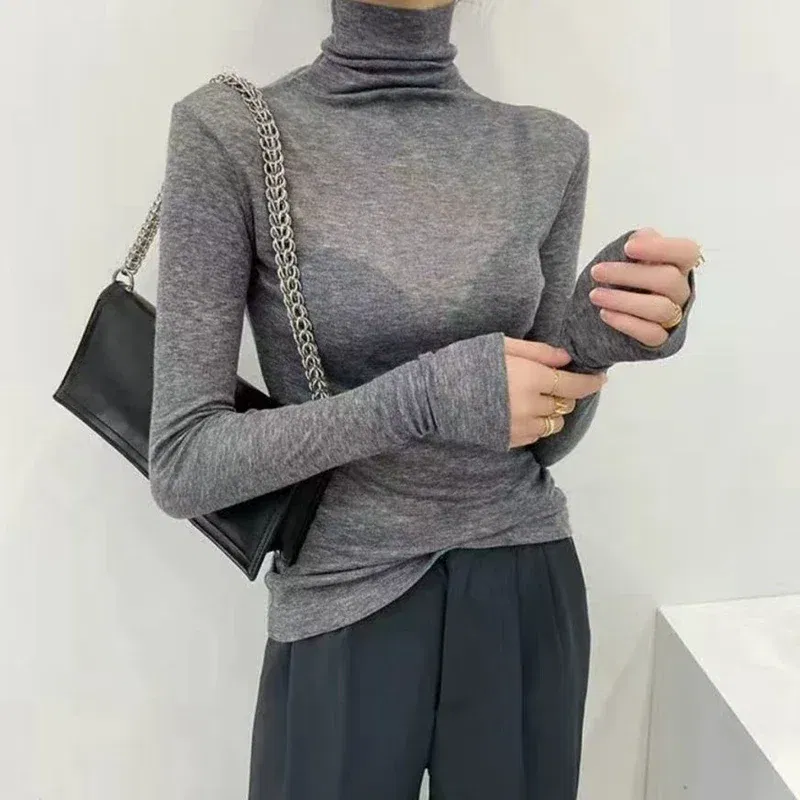 Color: black, Size: XXL - New Fashion Basic Turtleneck Long Sleeve Women T-shirt Autumn Winter Long Sleeve Slim Stretch Tops Ladies Sexy Tees Plus Size