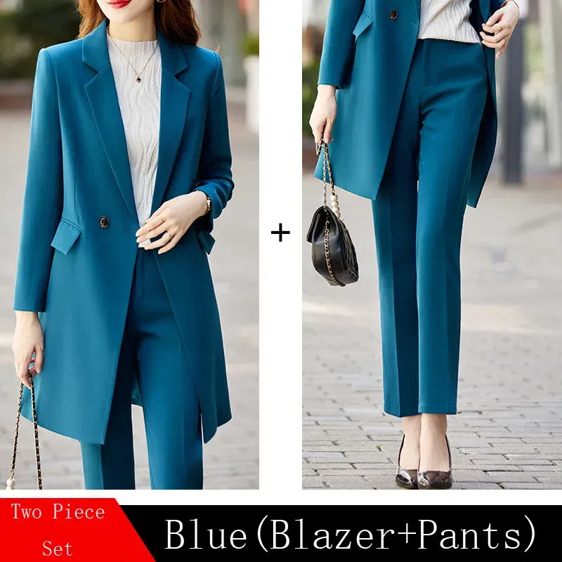 Color: Blue, Size: M, Ships From: CHINA - High End Office Professional Women's Blazer Pants 2-Piece Set Fall Fashion Long Female Jacket Over Business Suit Casual Trousers