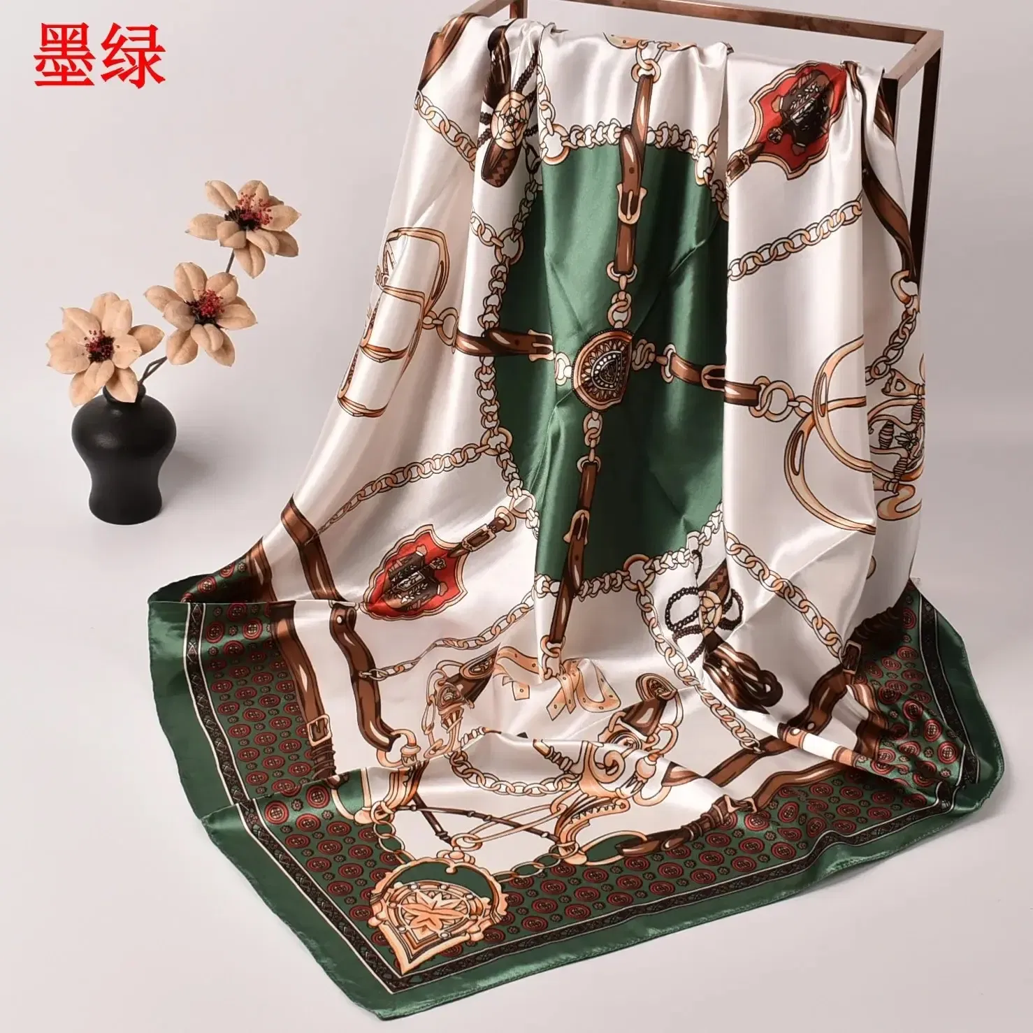 Color: Green - New Chain Square Scarf 90*90 Silk Color Ding Da Square Scarf Yiwu Spot Wholesale