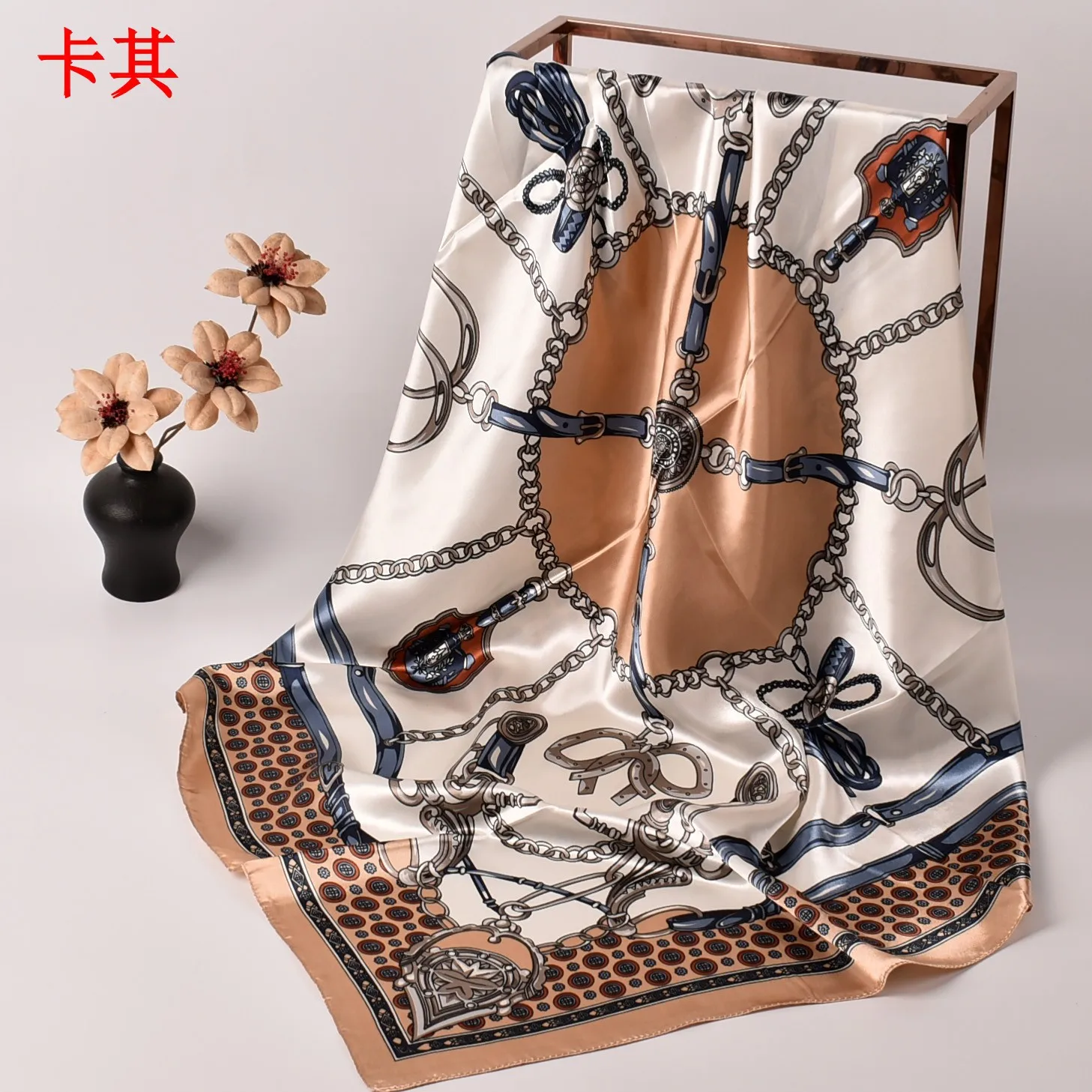 Color: Green - New Chain Square Scarf 90*90 Silk Color Ding Da Square Scarf Yiwu Spot Wholesale