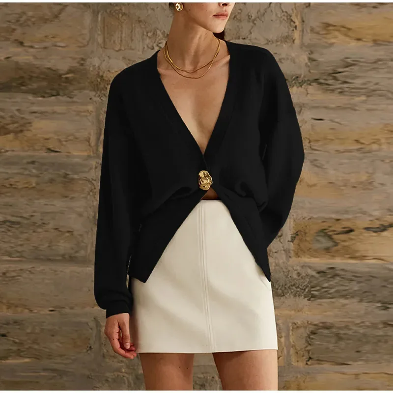 Color: SKY BLUE, Size: L - Women's Knitted Sweater with Elegant Temperament, Solid Color, Long Sleeved Buttons, Knitted Open