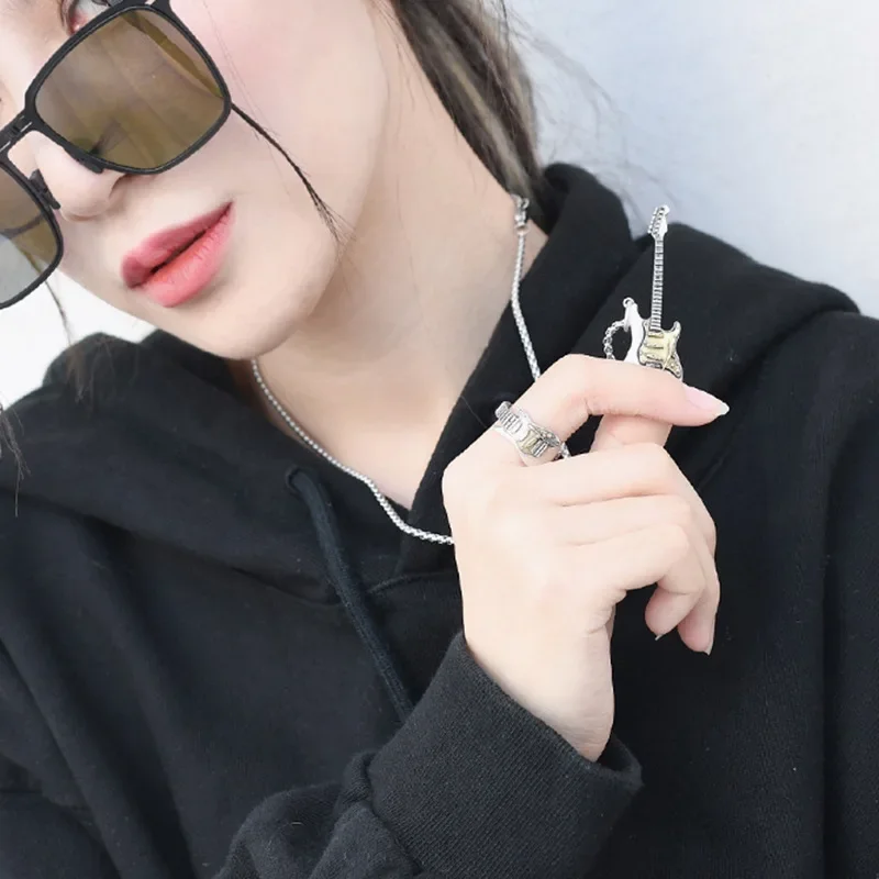 Metal Color: Dark Gold - Retro Punk Music Guitar Necklace for Men Personalized Gothic Pendant Fashion Hip Hop Rock Singer Jewelry Gift