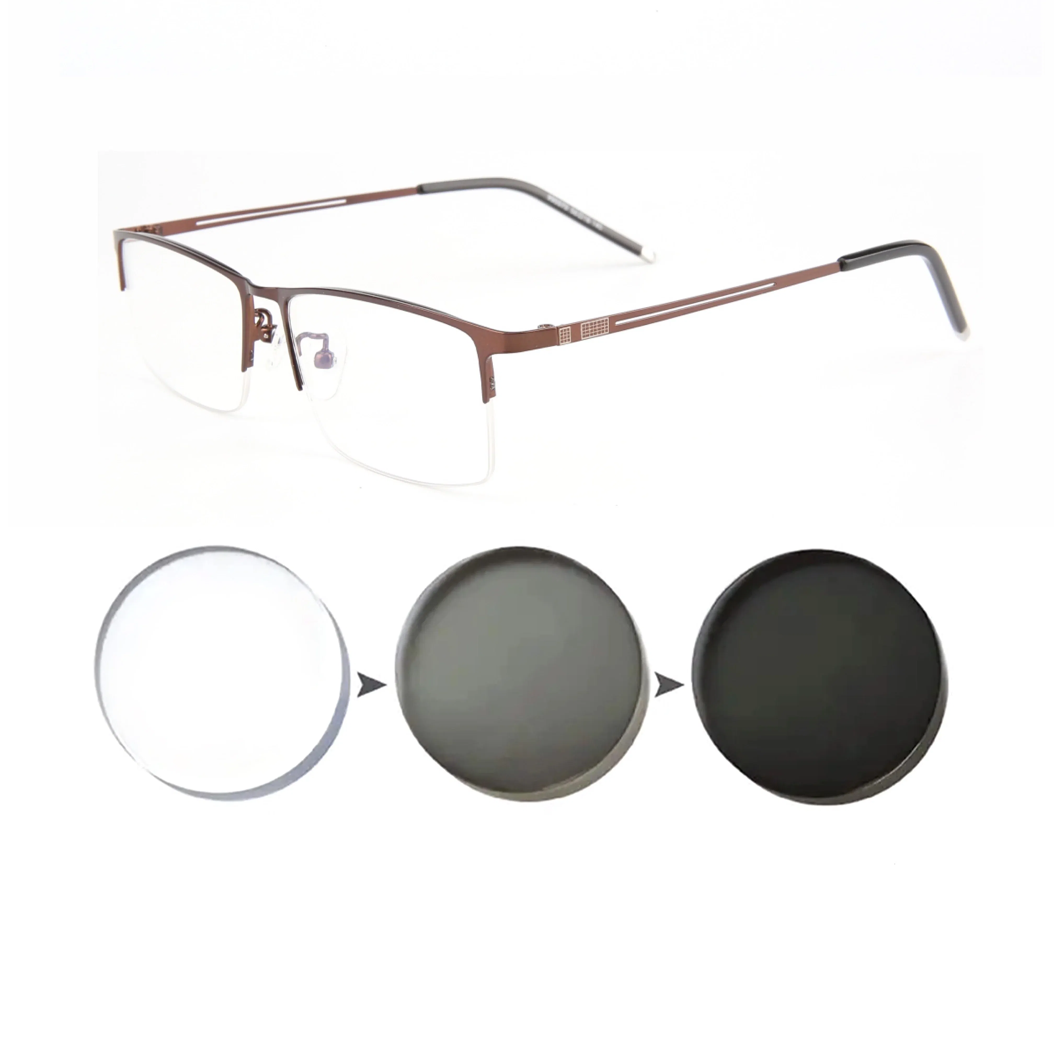 Frame Color: Red, Eye Prescription: +200 - Sun Photochromic Finished Myopia Glasses Women Men Metal Half Frame Chameleon Short-sight Eyewear0 -0.5 -0.75 -1.0  To -6.0