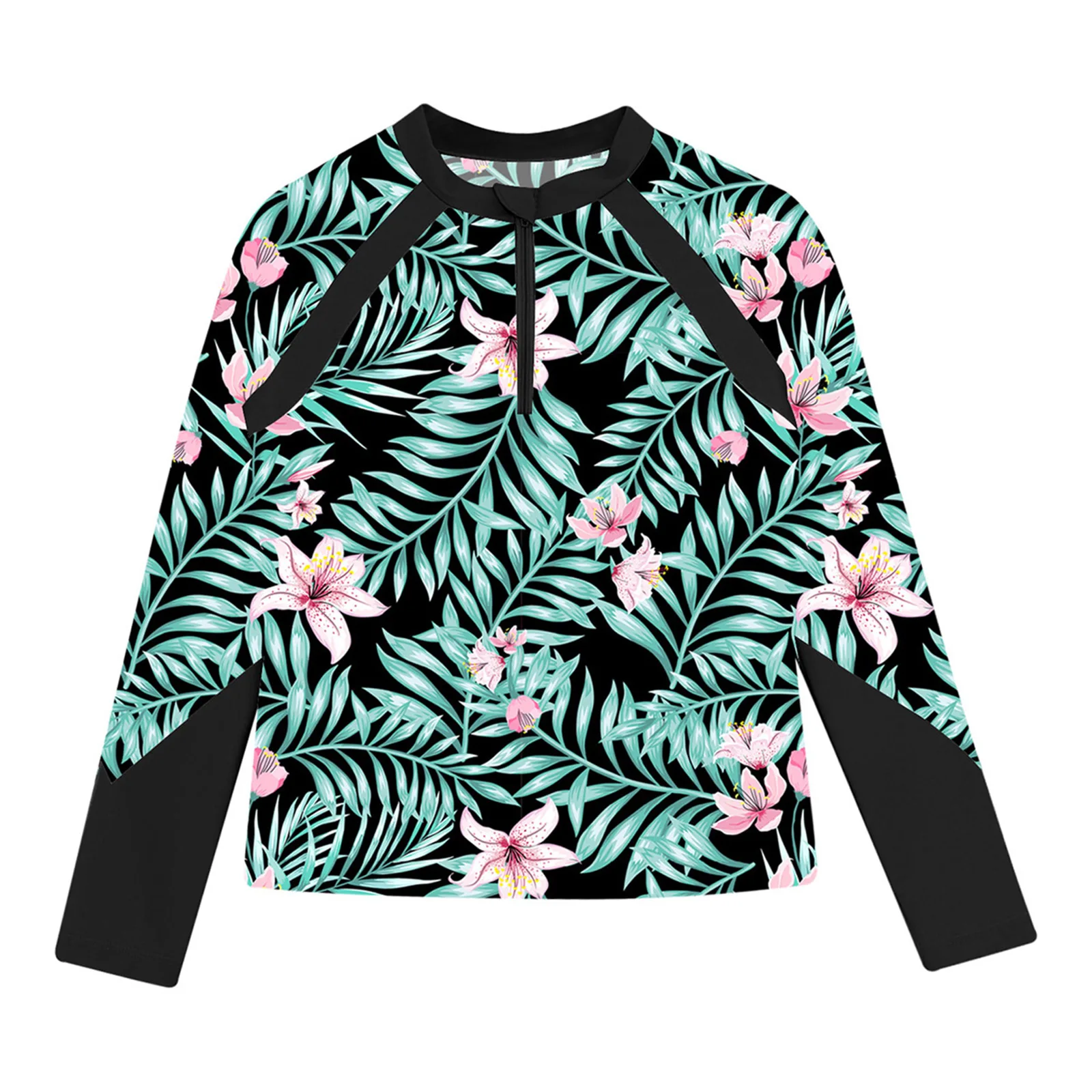Color: Brown, Kid Size: 18M - Kids Girls Swim Top Floral Printed Rash Guard T Shirt Mock Neck Long Sleeve Pool Party Beachwear UPF 50+ Surfing Bathing Tops