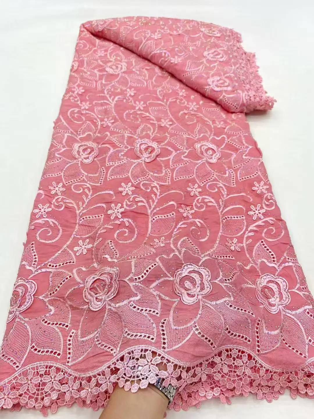 Color: pink, Width: 120cm, Length: 5 yards - 5 Yards Nigerian Guipure Cord Lace Fabric High Quality Embroidery African Milk Silk Wedding Lace Fabric 2025 Material