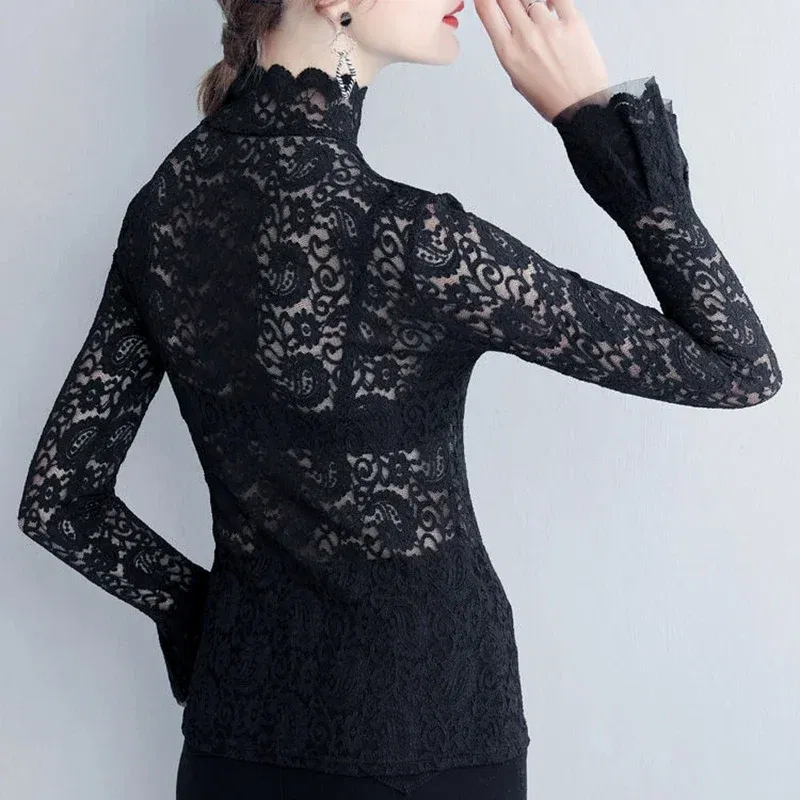 Color: Beige, Size: S - Sexy Transparent Long Sleeve Top Women 2025 Fashion Autumn Winter Basic Lace Blouses White Black Hollow Blusas Mujer Oversized