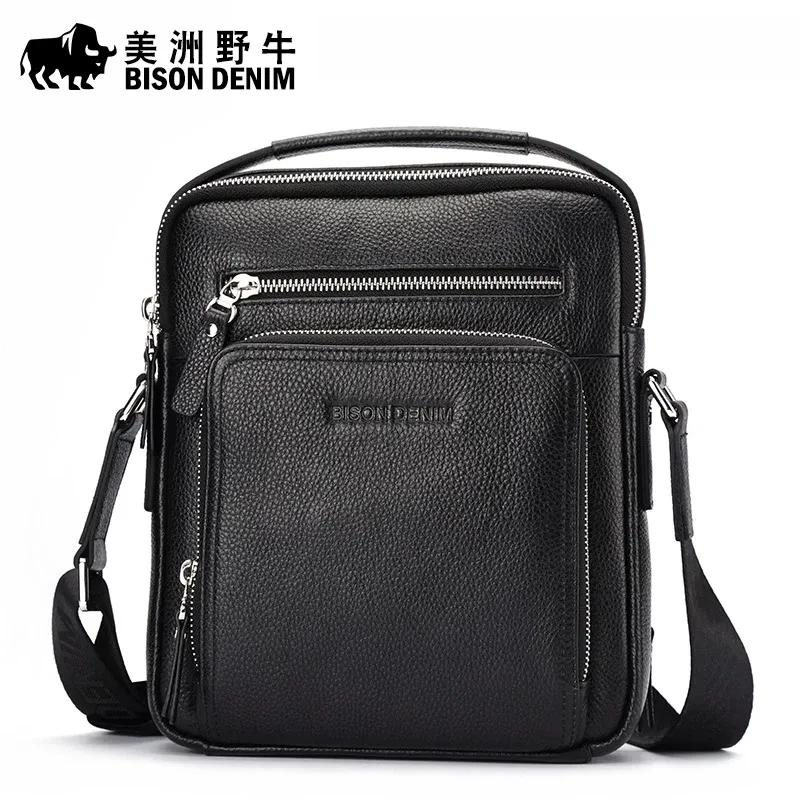 Color: Beige - BISON DENIM Classic Black Male Bag Genuine Leather Business Crossbody Bag iPad Mens Messenger Bag Casual Bolsas Male N2845 2023