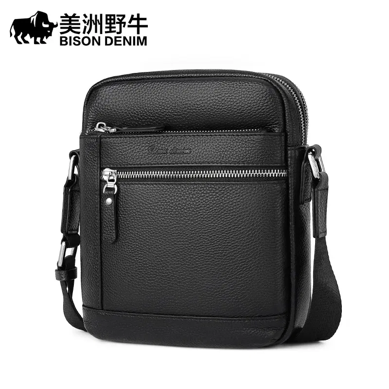 Color: Beige - BISON DENIM Classic Black Male Bag Genuine Leather Business Crossbody Bag iPad Mens Messenger Bag Casual Bolsas Male N2845 2023