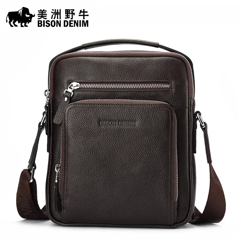 Color: Beige - BISON DENIM Classic Black Male Bag Genuine Leather Business Crossbody Bag iPad Mens Messenger Bag Casual Bolsas Male N2845 2023