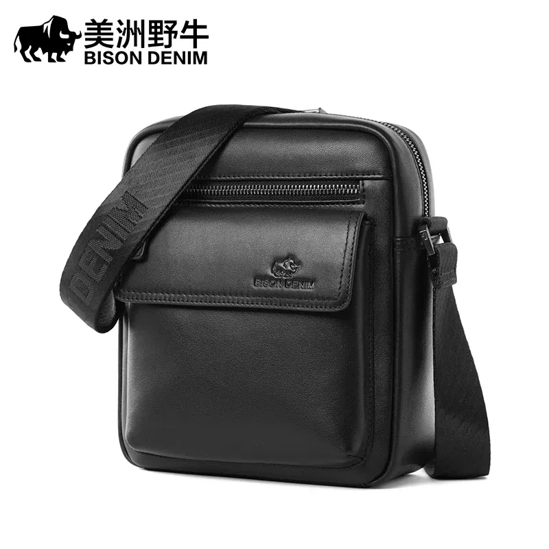 Color: Beige - BISON DENIM Classic Black Male Bag Genuine Leather Business Crossbody Bag iPad Mens Messenger Bag Casual Bolsas Male N2845 2023