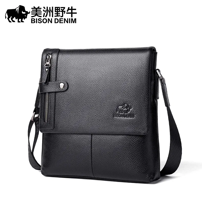 Color: Beige - BISON DENIM Classic Black Male Bag Genuine Leather Business Crossbody Bag iPad Mens Messenger Bag Casual Bolsas Male N2845 2023
