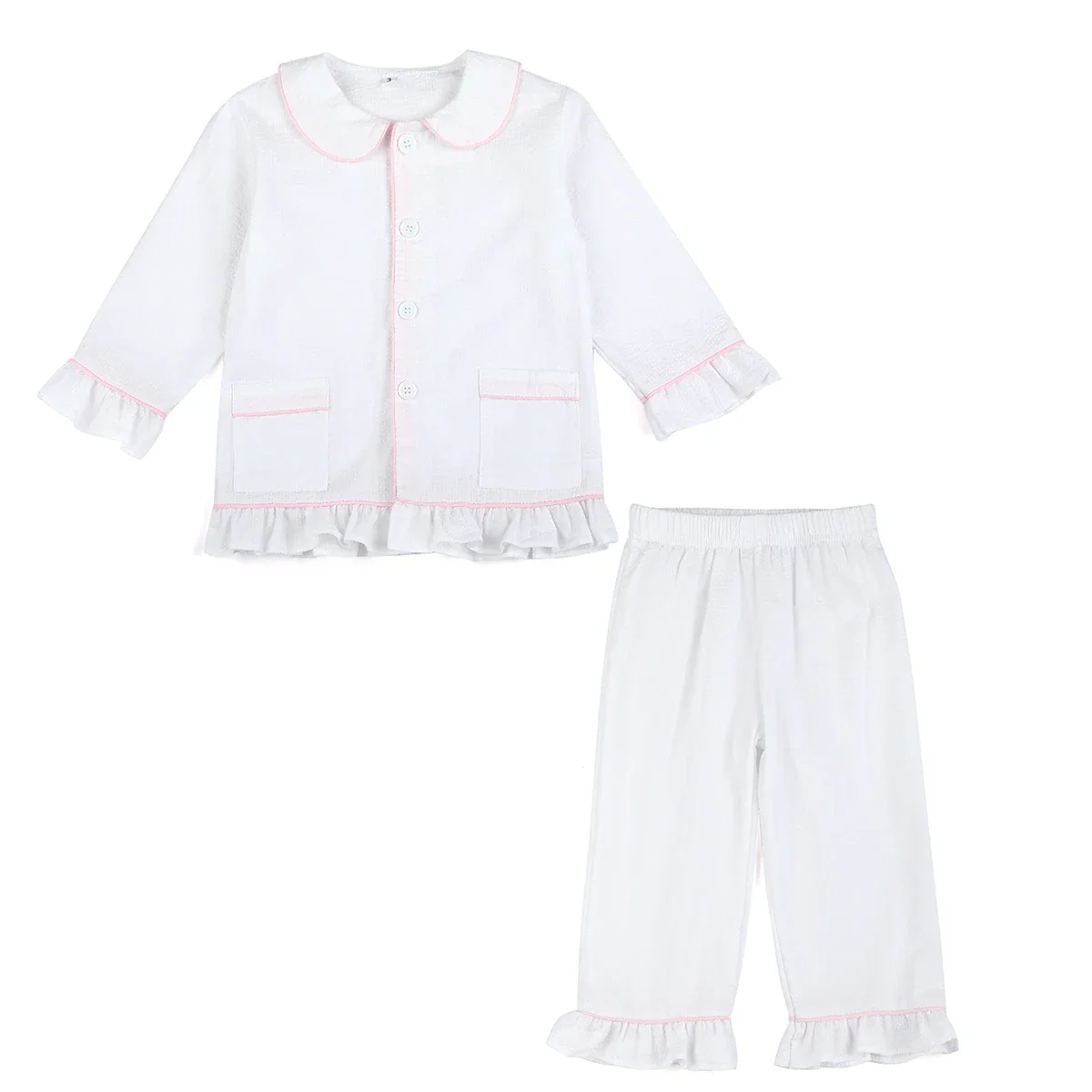 Color: Beige, Ships From: CHINA, Kid Size: 8T - Ruffkids 100% Cotton Summer Kids Pajamas Sleepwear Seersucker Striped Matching Pjs Boys Clothes Loungewear Girls Pyjamas Set