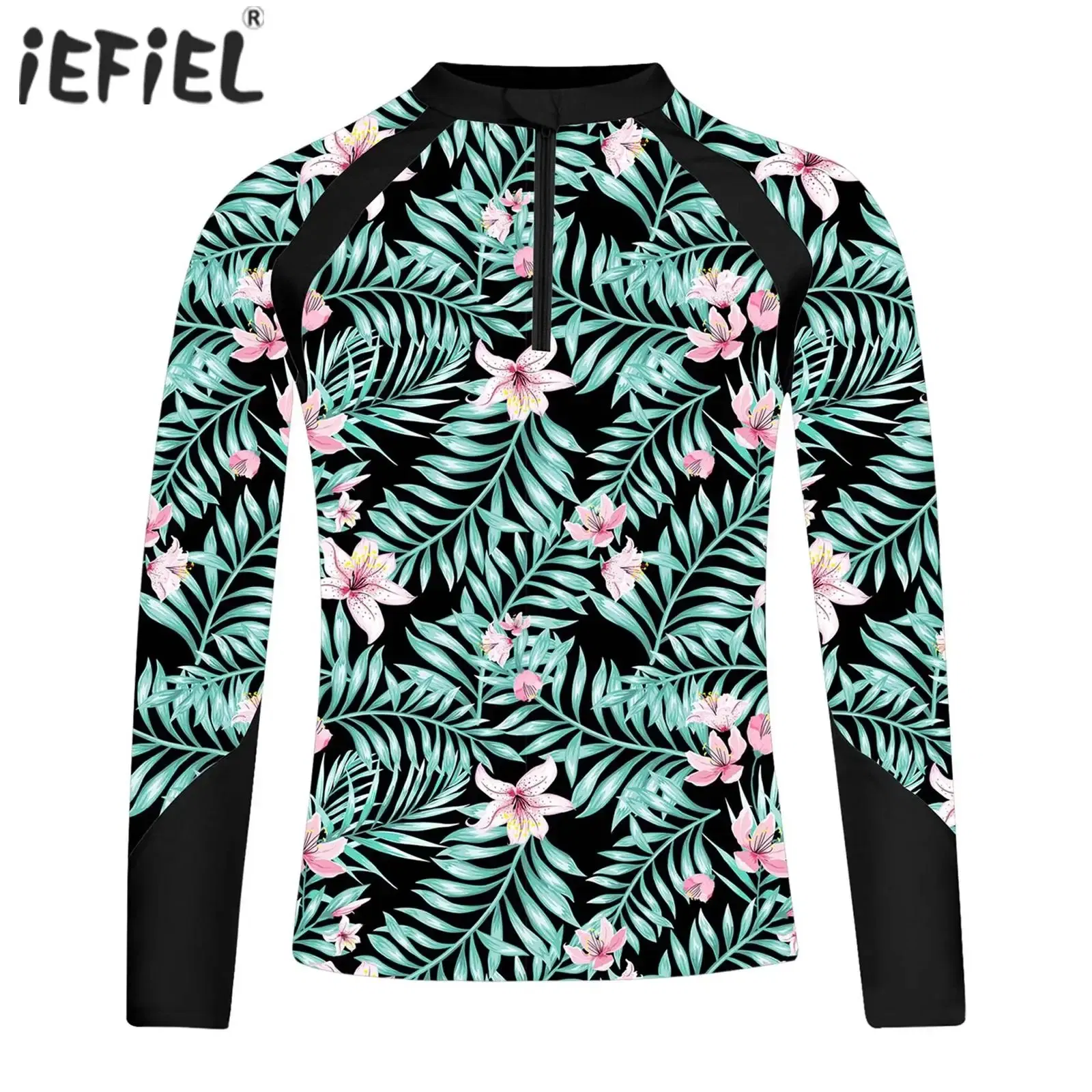 Color: Beige, Kid Size: 9M - Kids Girls Swim Top Floral Printed Rash Guard T Shirt Mock Neck Long Sleeve Pool Party Beachwear UPF 50+ Surfing Bathing Tops