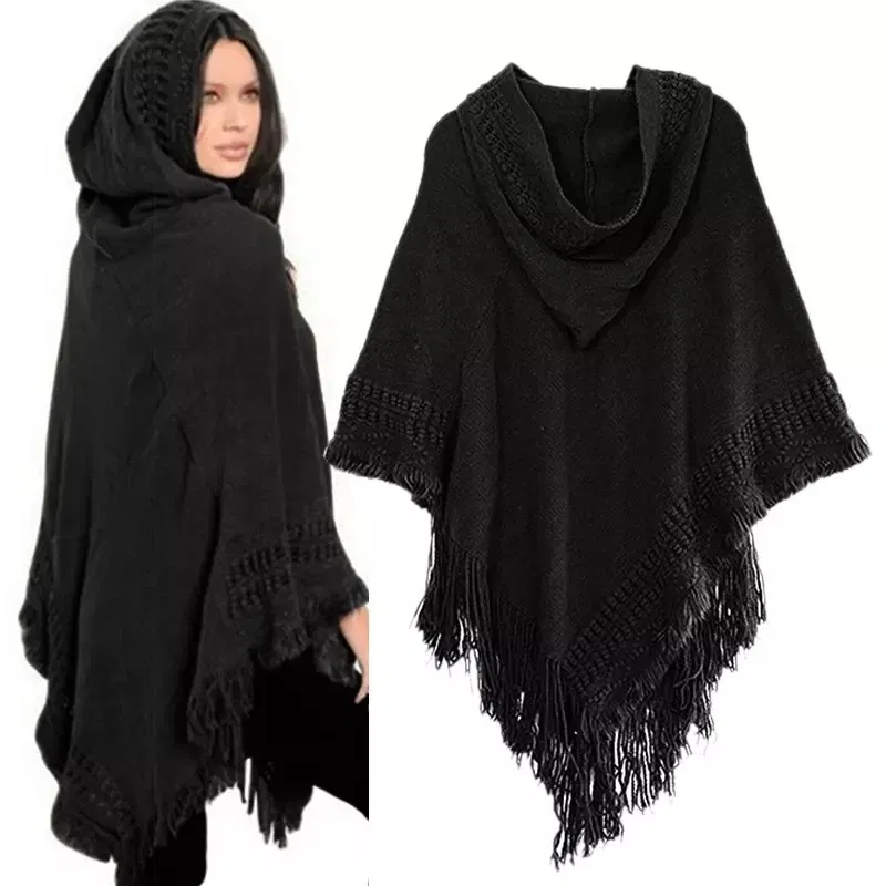 Color: GOLD, Size: One Size - New Women Ladies Tassel Cape Coat Fringe Poncho Oblique Stripe Coat Bohemian Shawl Scarf