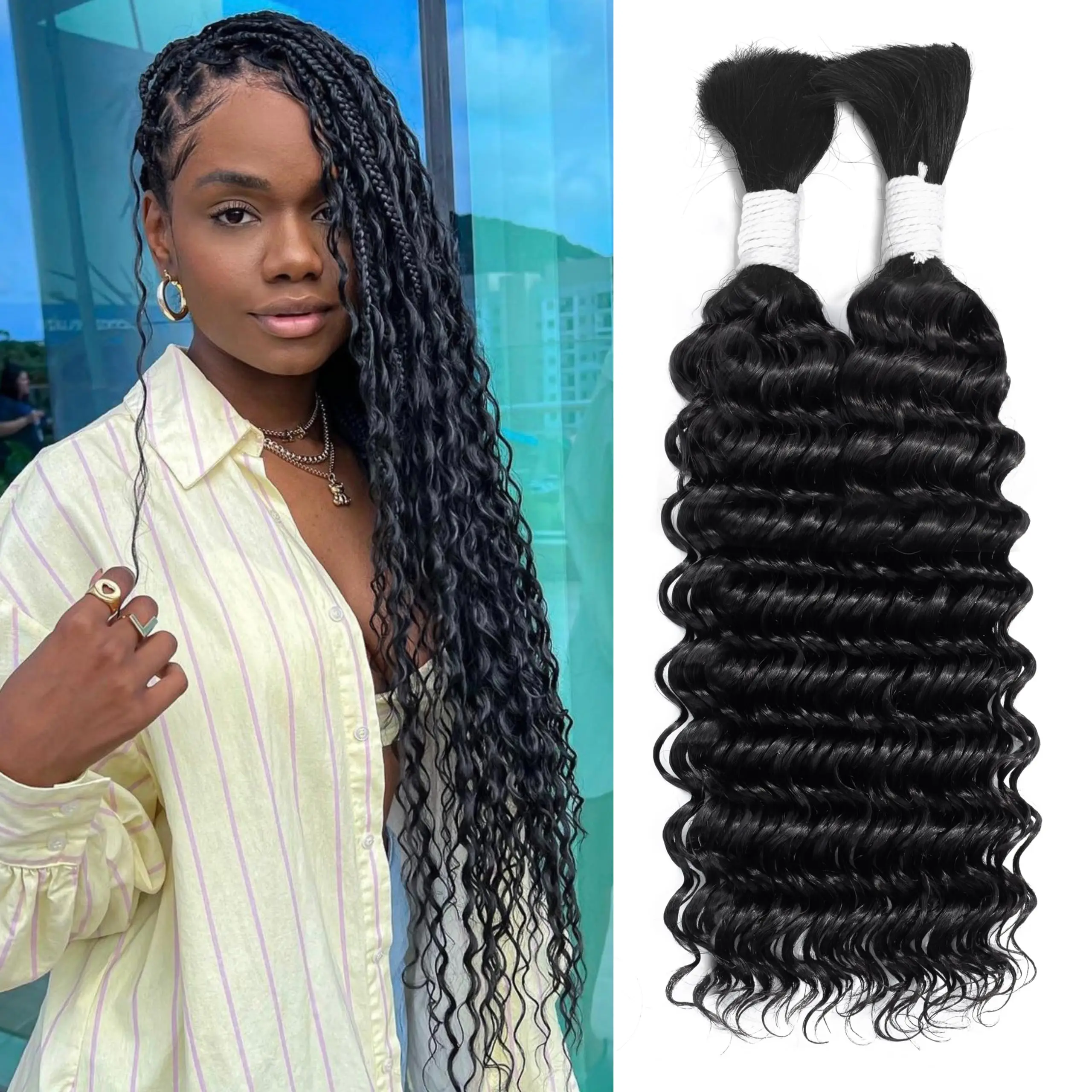 Color: Natural Color, Material Grade: virgin hair, Stretched Length: 22INCHES, Bulk Buy: 6pcs/lot - Bulk hair braiding Water Wave Bulk 18 inch human hair Boho braids with for knotless box or curly loose wave