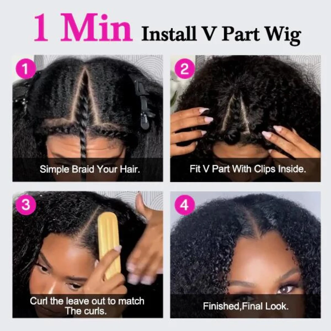Hair Color: Natural Color, Stretched Length: 14inches, Density: 180% - Afro Kinky Curly V Part Human Hair Wigs No Leave Out Natural Black Machine Made Upgrade U Part Curly Wigs Indian Hair For Women