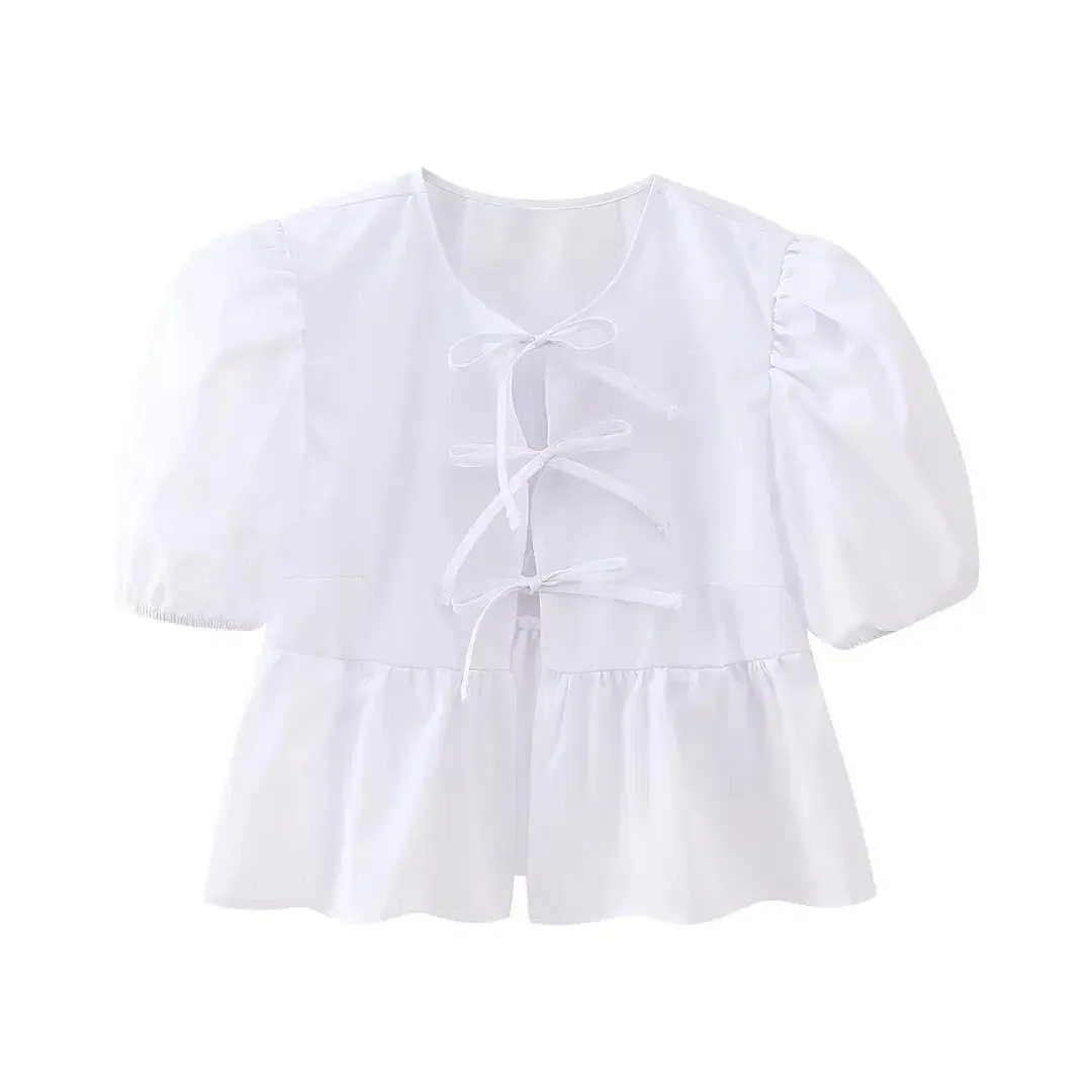 Color: WHITE, Size: M - HH Fashion Solid Hollow Out Shirt Women Causal O Neck Short Sleeved Lace Up Tops Chic Female Casual Blouse Streetwear 2024