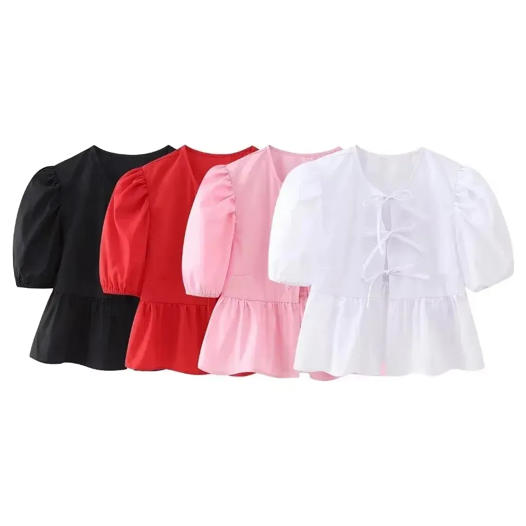 Color: WHITE, Size: M - HH Fashion Solid Hollow Out Shirt Women Causal O Neck Short Sleeved Lace Up Tops Chic Female Casual Blouse Streetwear 2024