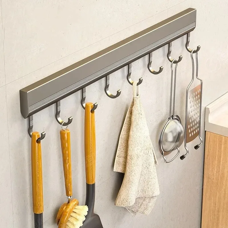 Color: light yellow - Wall Mounted Hooks Rack Punch Free Kitchen Utensils Storage Row Hook Holder Bathroom Towel Robe Coat Hangers Multi-Purpose Hooks