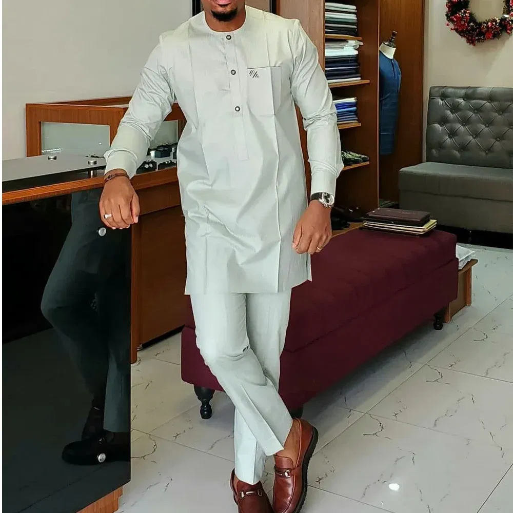 Color: Navy Blue, Size: XL - 2024 New African Traditional Men's Set Elegant and Fashionable Men's Suit Casual Embroidery Two Piece Set Men's Suit Kaftan