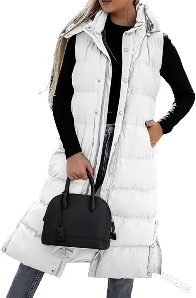 Color: WHITE, Size: L - Hooded Zipper Jacket Women Oversize Waistcoat Winter Outerwear Hooded Parka Fashion Quilted Vest Casual