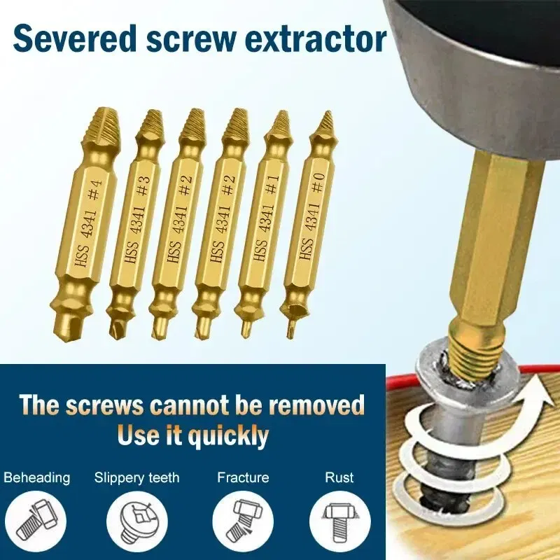 Color: 6pcs silver - Double-headed High-speed Steel 4341 Tap Extractor Slip-tooth Broken Screw Reverse-tooth Snapped Wire Removal Tool Set