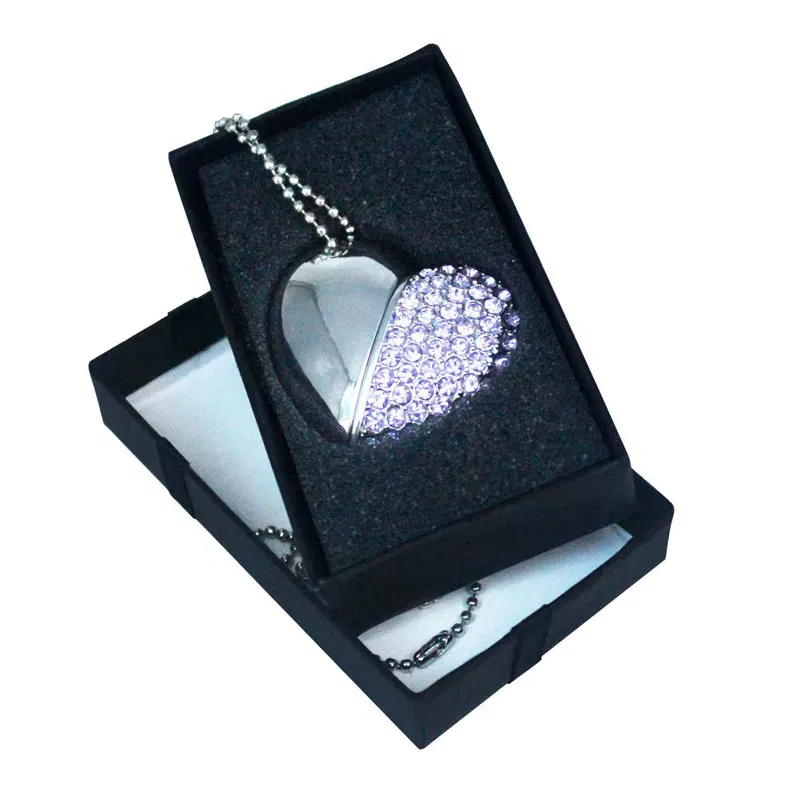 Color: green, Capacity: 64GB - Metal Diamond USB Flash Drive 128GB Crystal Heart With Gift Box Pen Drive 64GB Creative Gifts Memory Stick Pendrive 32GB 16GB 8G