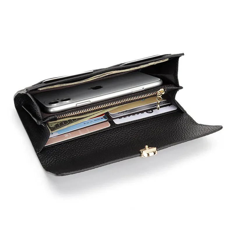 Color: Beige - Women's Wallet 2025 New Full Leather Long Wallet Cross-border First Layer Cowhide Women's Long Clip Leather Clutch Pouch