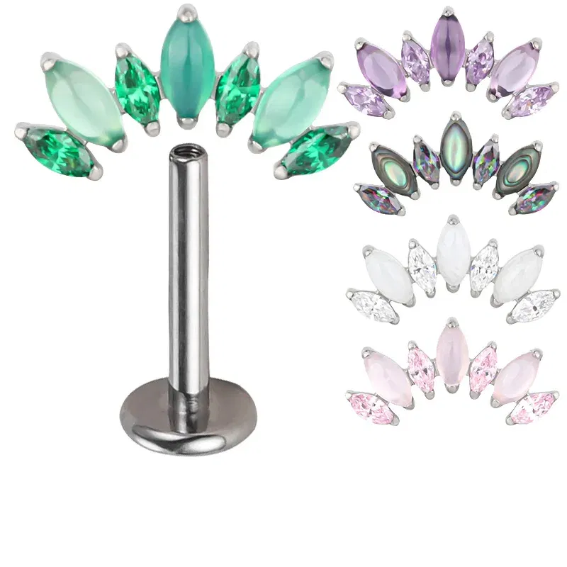 Metal color: Blue Zinc Plated, Ships From: CHINA, Main Stone Color: Silver - ASTM F136 Titanium EAR PIERC with 7 Natural Stone and Zircon Top Tragus Earrings Ear Lip Helix Studs Tongue Piercing Jewelry