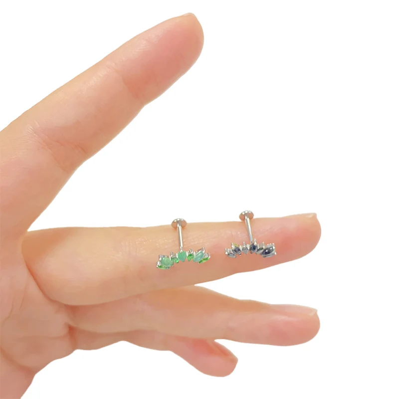 Metal color: Blue Zinc Plated, Ships From: CHINA, Main Stone Color: Silver - ASTM F136 Titanium EAR PIERC with 7 Natural Stone and Zircon Top Tragus Earrings Ear Lip Helix Studs Tongue Piercing Jewelry