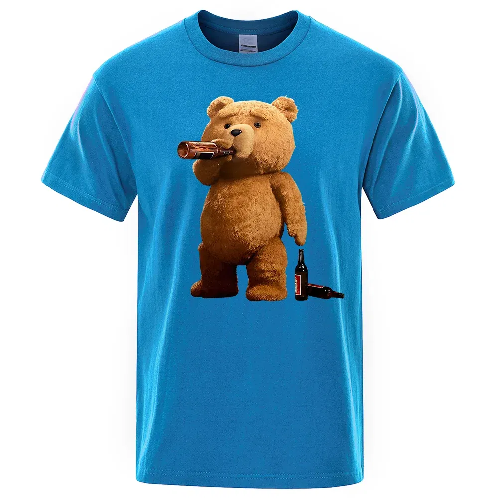 Color: SKY BLUE, Size: XXL - Lovely Ted Bear Drink Beer Poster Funny Printed T-Shirt Men Fashion Casual Short Sleeves Loose Oversize Tee Street Hip Hop Tops