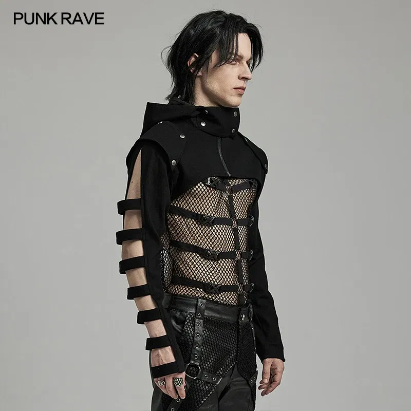 Color: black, Size: XL - PUNK RAVE Men's Punk Sleeves Are Hollow Loop Straps Short Coat Handsome Cool Stand Up Collar Casual Mens Jacket Autumn