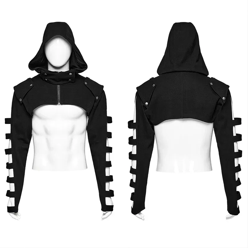 Color: black, Size: XL - PUNK RAVE Men's Punk Sleeves Are Hollow Loop Straps Short Coat Handsome Cool Stand Up Collar Casual Mens Jacket Autumn