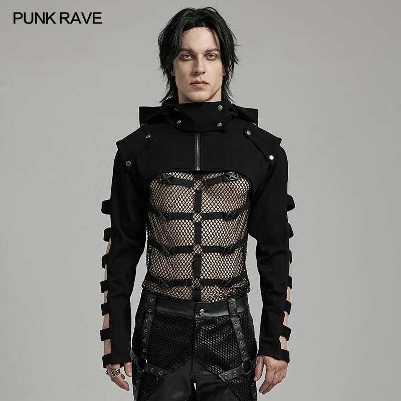 Color: black, Size: XL - PUNK RAVE Men's Punk Sleeves Are Hollow Loop Straps Short Coat Handsome Cool Stand Up Collar Casual Mens Jacket Autumn