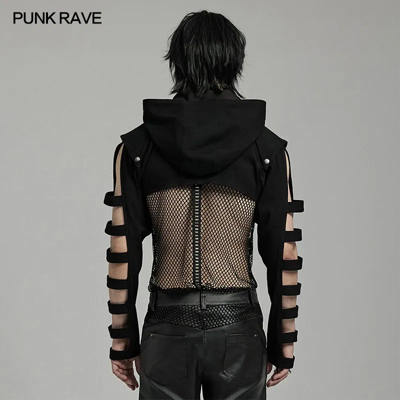 Color: black, Size: XL - PUNK RAVE Men's Punk Sleeves Are Hollow Loop Straps Short Coat Handsome Cool Stand Up Collar Casual Mens Jacket Autumn