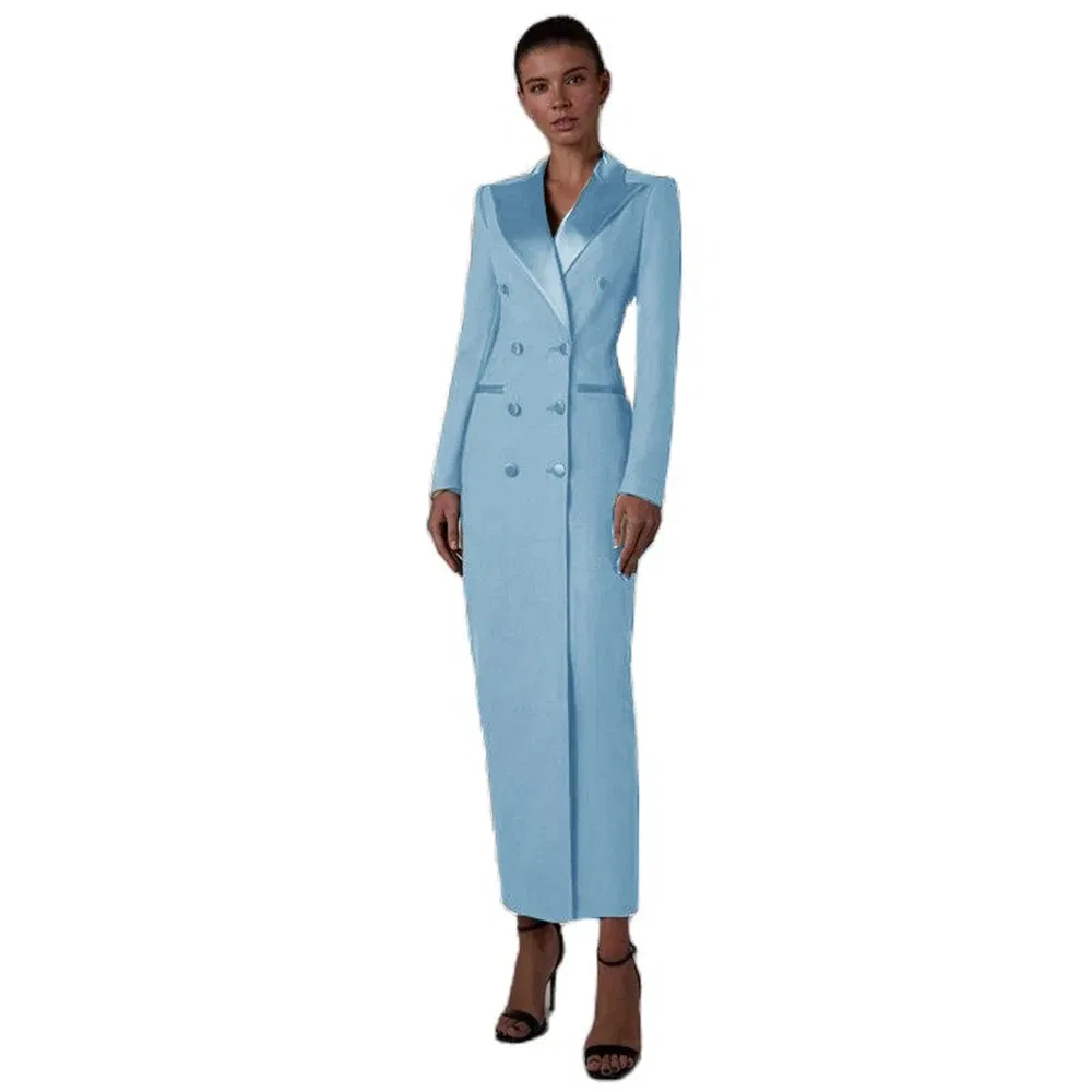 Color: SKY BLUE, Size: XS - Women's Suit Long Jacket One Piece Blazer Double Breasted Formal Tuxedo Party Dress кос?‚юм ?¶?µнский