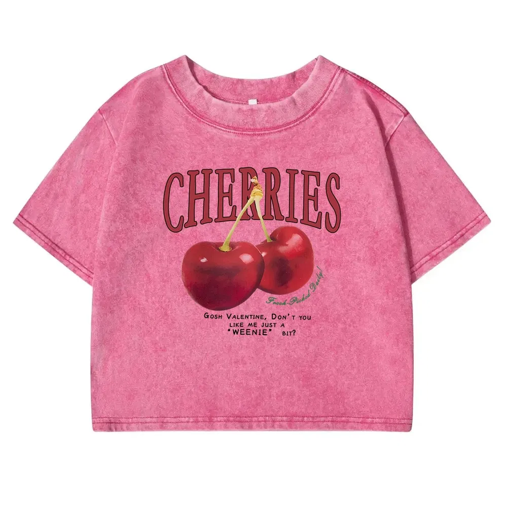 Color: army green, Size: XXL - Red Cherries Letter Printed Female T-shirt Fashion Summer Washed Clothing Casual Cotton Crop Top Retro Tee Shirts For Women
