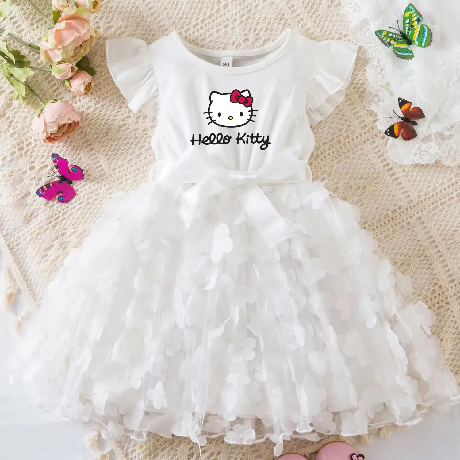 Color: Pink, Size: M - Hello Kitty Summer Dress for Kid's Casual Clothes 3D Butterfly Cute Baby Girls Princess Dress Party Dresses 2-6 Yrs